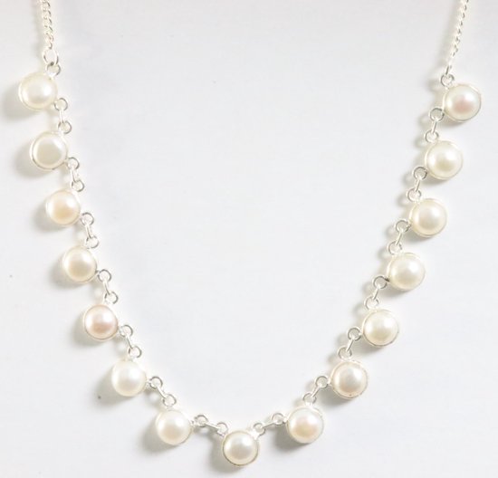 Zilveren schakel ketting met zoetwater parels afbeelding 1