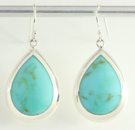 Grote druppelvormige zilveren oorbellen met groene turkoois afbeelding 1