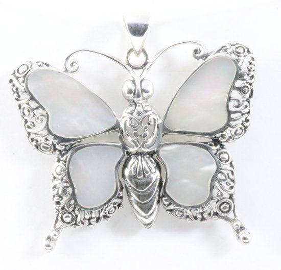 Grote zilveren vlinder hanger met parelmoer afbeelding 1