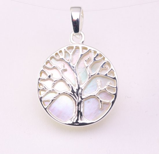 Fijne ronde zilveren hanger met levensboom op parelmoer afbeelding 1