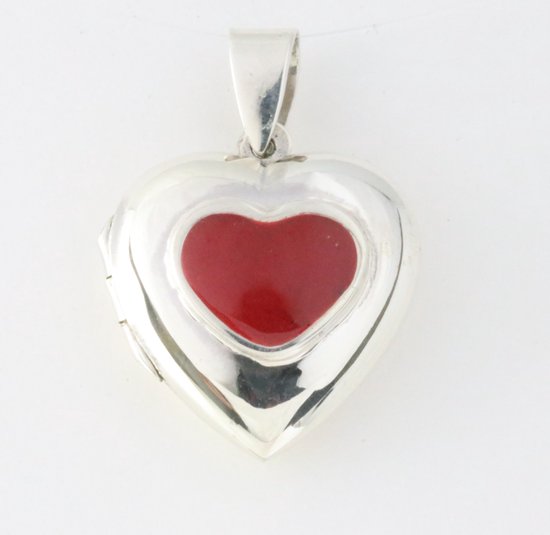 Hartvormig zilveren medaillon met rode koraal steen afbeelding 1