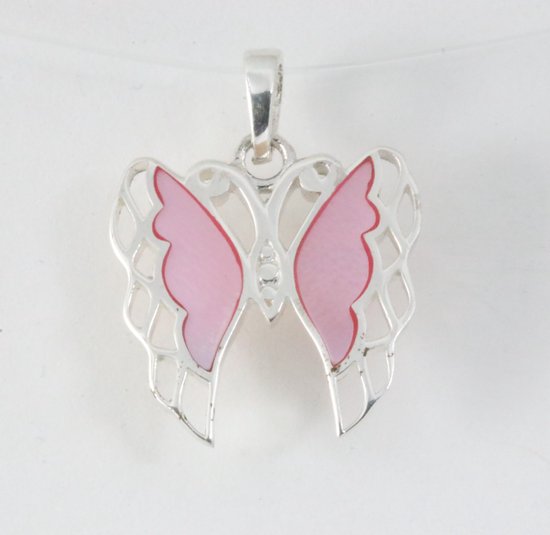 Fijne zilveren vlinder hanger met roze parelmoer afbeelding 1