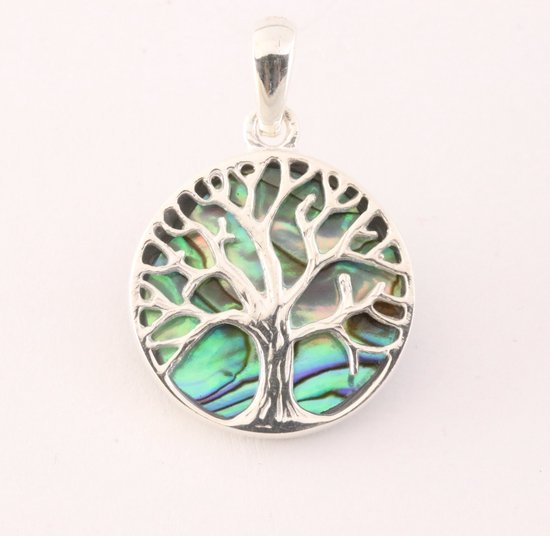 Fijne ronde zilveren hanger met levensboom op abalone schelp afbeelding 1
