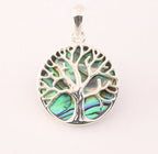 Fijne ronde zilveren hanger met levensboom op abalone schelp afbeelding 1