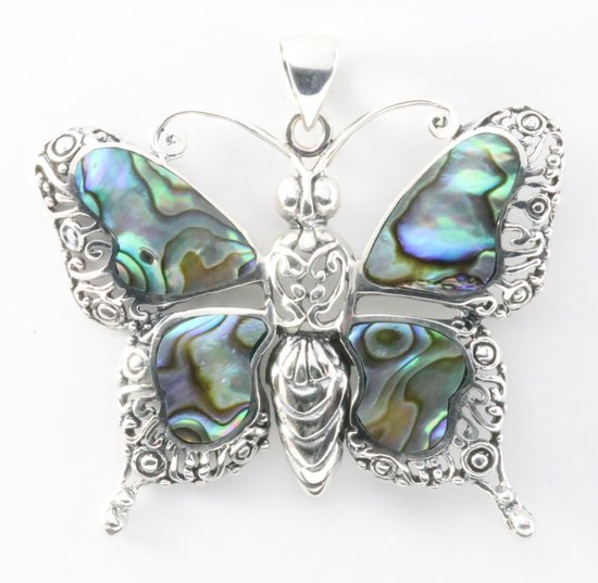 Grote zilveren vlinder hanger met abalone schelp afbeelding 1