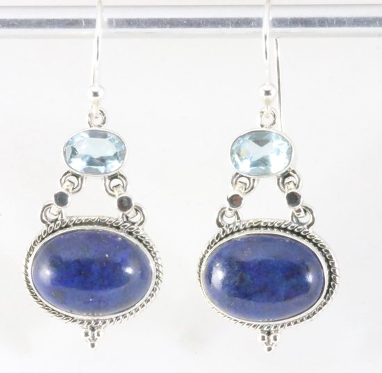 Bewerkte zilveren oorbellen met lapis lazuli en blauwe topaas afbeelding 1