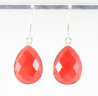 Druppelvormige zilveren oorbellen met gefacetteerde rode koraal steen afbeelding 1