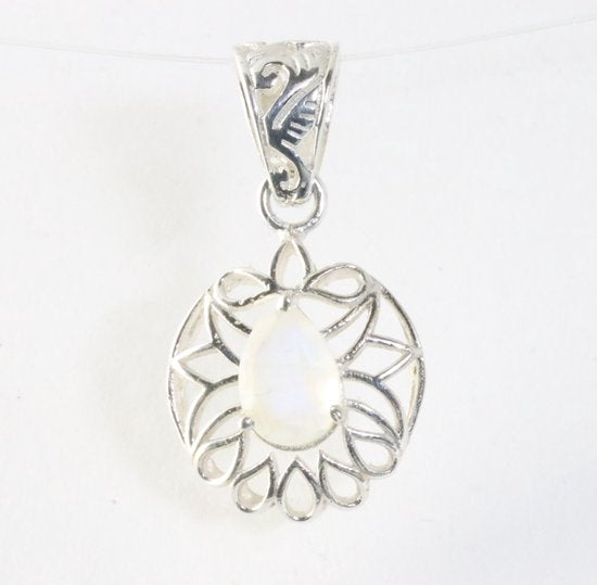 Fijne opengewerkte zilveren hanger met regenboog maansteen afbeelding 1