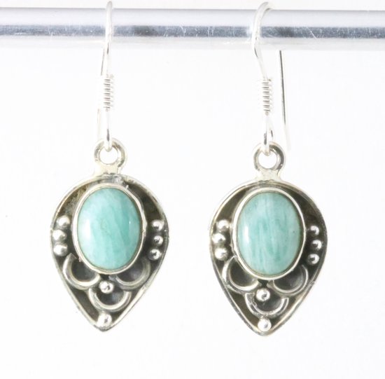 Fijne bewerkte zilveren oorbellen met groene amazoniet afbeelding 1