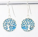 Ronde zilveren oorbellen met levensboom op blauwe turkoois afbeelding 1