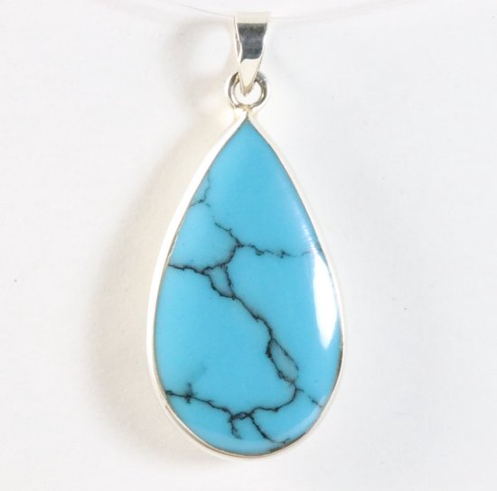 Druppelvormige zilveren hanger met blauwe turkoois afbeelding 1