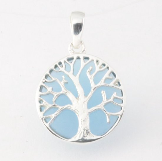 Fijne ronde zilveren hanger met levensboom op blauwe agaat afbeelding 1