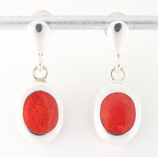 Hoogglans zilveren oorstekers met rode koraal steen afbeelding 1