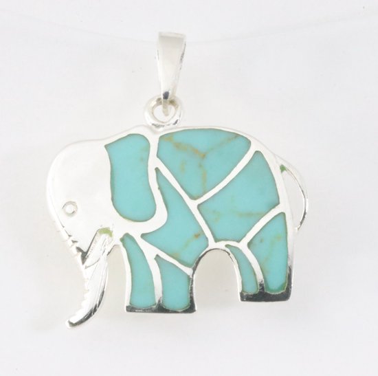 Zilveren olifant hanger met groene turkoois afbeelding 1