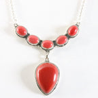 Bewerkte zilveren ketting met rode koraal steen afbeelding 1