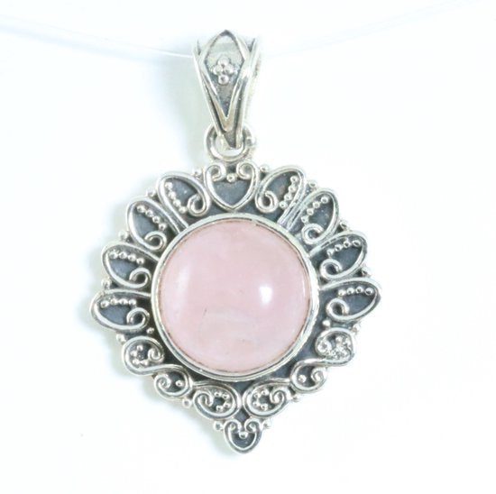 Bewerkte zilveren hanger met rozenkwarts afbeelding 1