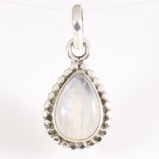 Fijne bewerkte druppelvormige zilveren hanger met regenboog maansteen afbeelding 5