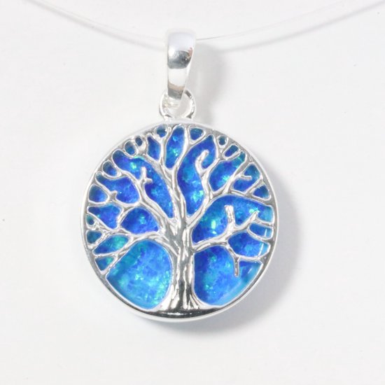 Fijne ronde zilveren hanger met levensboom op Australische opaal afbeelding 1