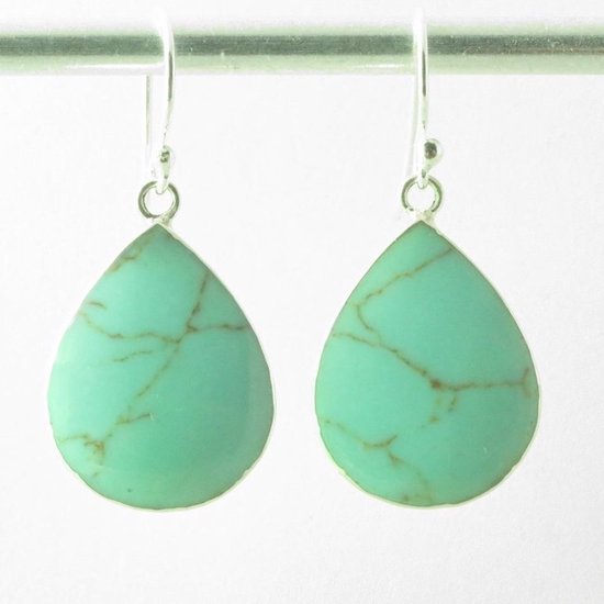 Druppelvormige zilveren oorbellen met groene turkoois afbeelding 1