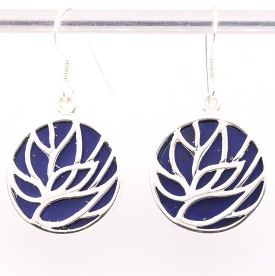 Ronde zilveren lotus oorbellen op lapis lazuli afbeelding 1
