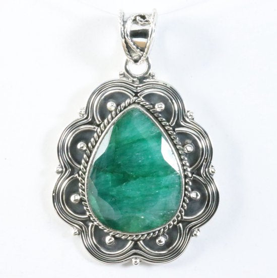 Bewerkte zilveren hanger met smaragd afbeelding 1