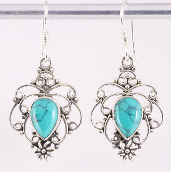 Opengewerkte zilveren oorbellen met turkoois afbeelding 1