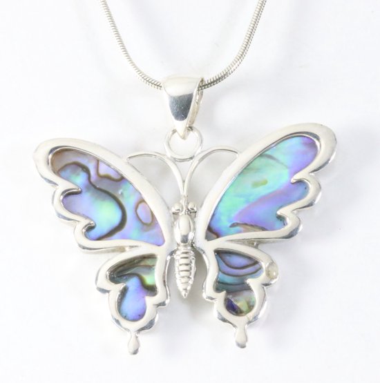 Zilveren vlinder hanger met abalone schelp aan ketting afbeelding 1