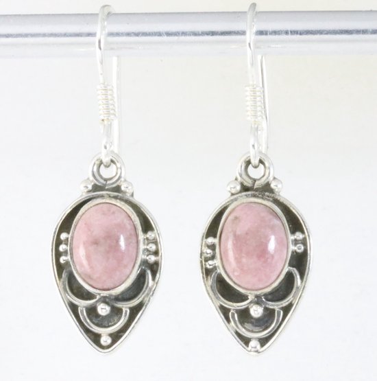 Fijne bewerkte zilveren oorbellen met rhodoniet afbeelding 1