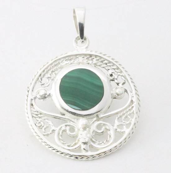 Ronde opengewerkte zilveren hanger met malachiet afbeelding 1