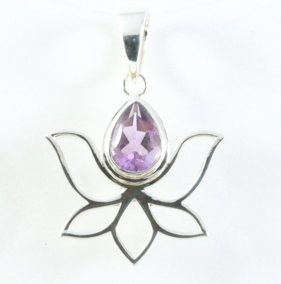 Opengewerkte zilveren lotus bloem hanger met amethist afbeelding 1