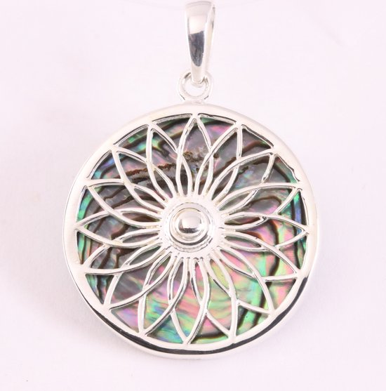 Ronde zilveren hanger met lotus bloem op abalone schelp afbeelding 1