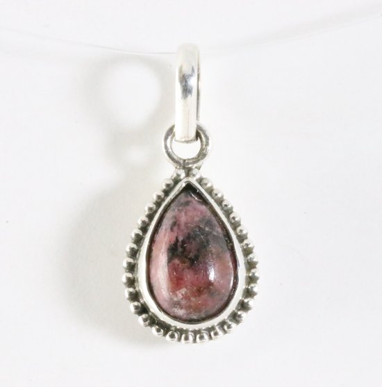 Fijne bewerkte druppelvormige zilveren hanger met rhodoniet afbeelding 1