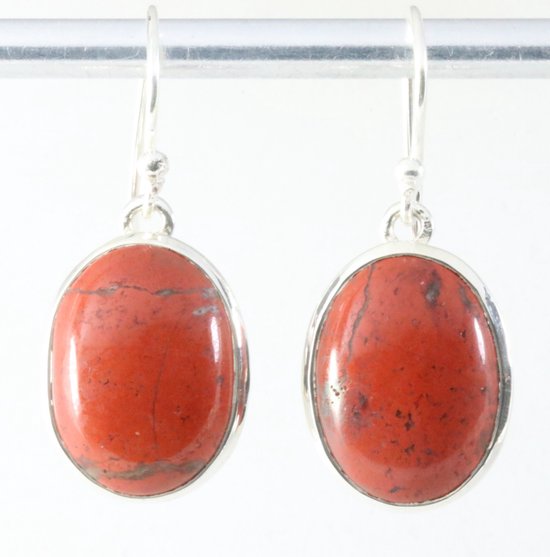 Ovale hoogglans zilveren oorbellen met rode jaspis afbeelding 1