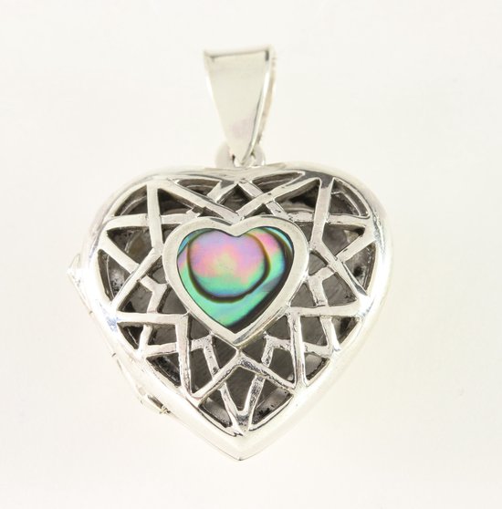 Opengewerkt hartvormig zilveren medaillon met abalone schelp afbeelding 5