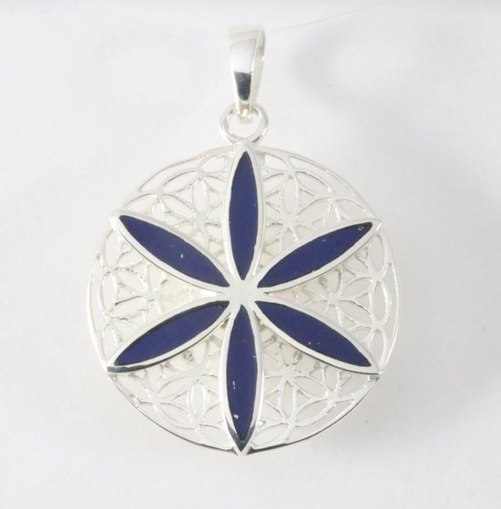 Ronde zilveren levensbloem hanger met lapis lazuli afbeelding 1