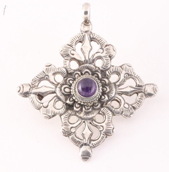 Traditionele zilveren dubbele vajra hanger met amethist afbeelding 1