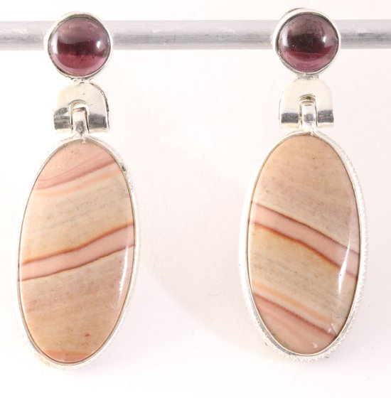 Lange zilveren oorstekers met bruine dolomiet steen en granaat afbeelding 1