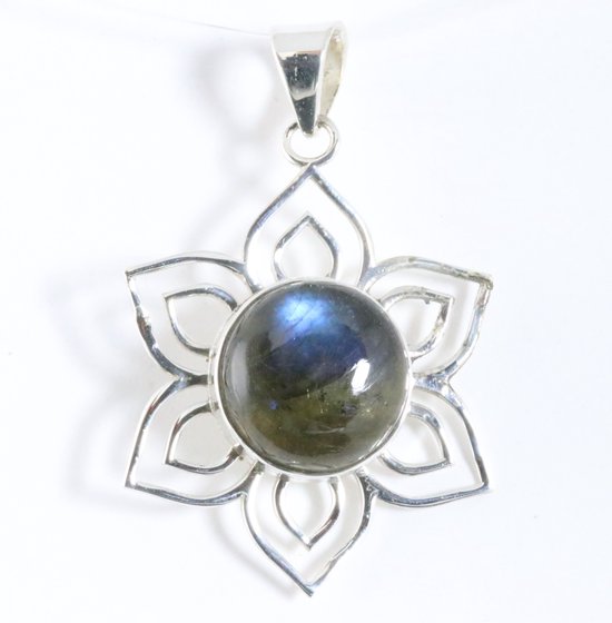 Opengewerkte bloemvormige zilveren hanger met labradoriet afbeelding 1