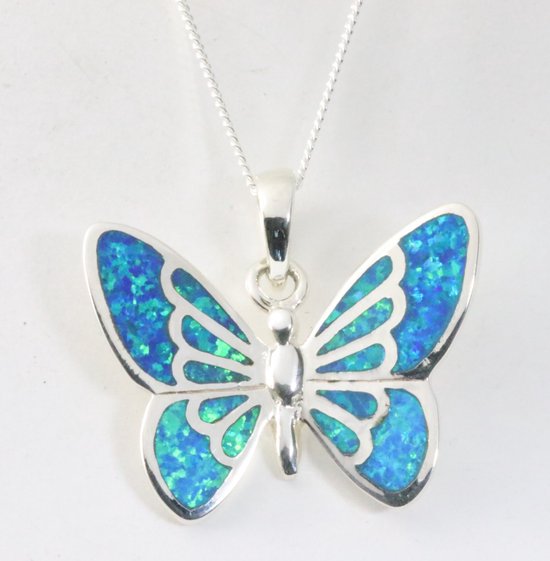 Zilveren vlinder hanger met Australische opaal aan ketting afbeelding 1
