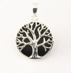 Fijne ronde zilveren hanger met levensboom op onyx afbeelding 1