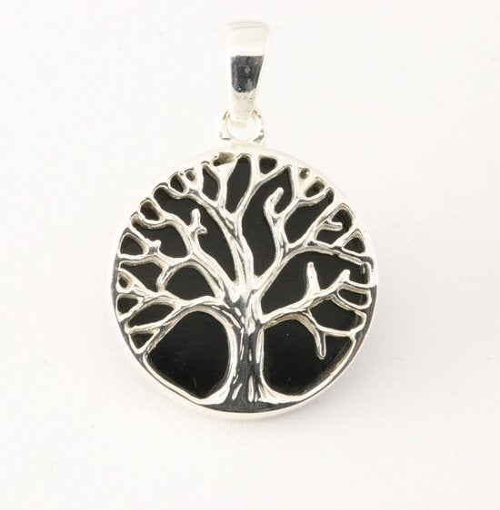 Fijne ronde zilveren hanger met levensboom op onyx afbeelding 1