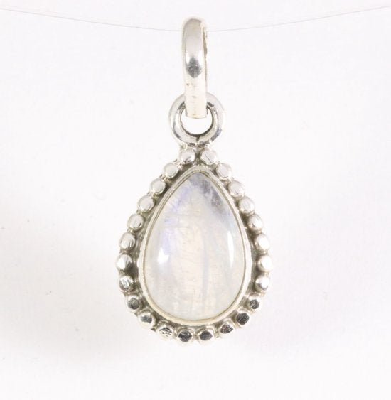 Fijne bewerkte druppelvormige zilveren hanger met regenboog maansteen afbeelding 1