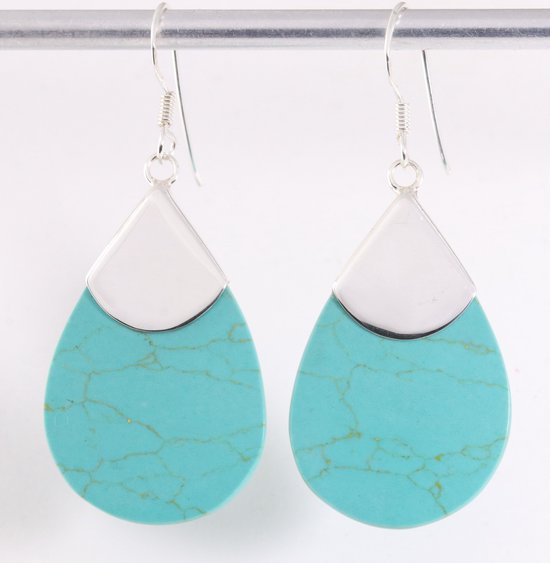 Grote druppelvormige zilveren oorbellen met groene turkoois afbeelding 1