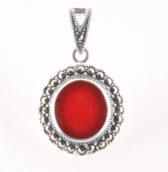 Ovale zilveren hanger met carneool en marcasiet afbeelding 1