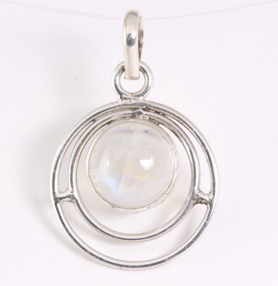 Ronde opengewerkte zilveren hanger met regenboog maansteen afbeelding 1