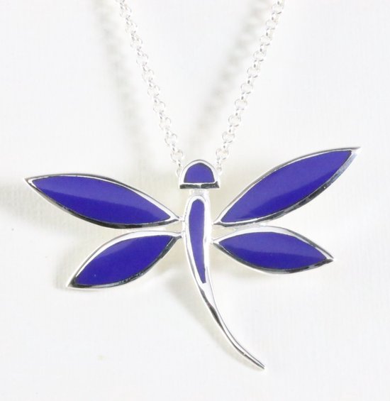 Grote zilveren libelle hanger met lapis lazuli aan ketting afbeelding 1