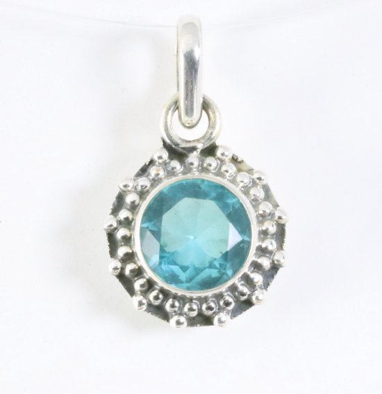 Fijne bewerkte ronde zilveren hanger met blauwe topaas afbeelding 1