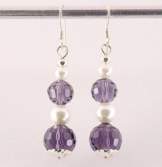 Zilveren oorbellen met amethist bolletjes en zoetwater parel afbeelding 1
