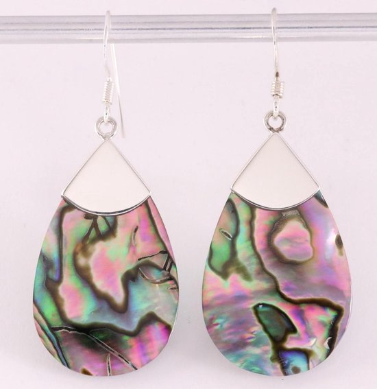 Grote druppelvormige zilveren oorbellen met abalone schelp afbeelding 1