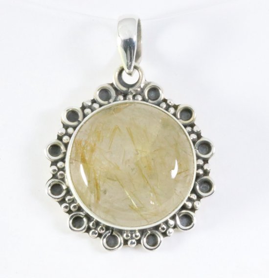Ronde bewerkte zilveren hanger met gouden rutielkwarts afbeelding 1